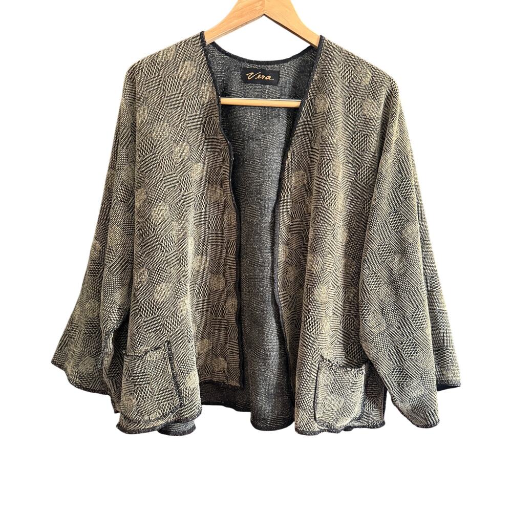 Vintage Vera Taupe and Black Textured Artsy Cropped Kimono Art to wear One Size